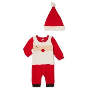 Holiday Santa Baby Romper Onesie with Matching Hat 0-3 Months